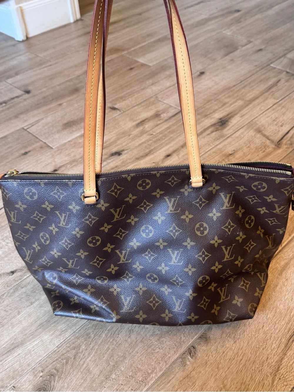 DISCONTINUED Louis Vuitton Monogram Canvas Shoulder Tote with Tan Leather Trim